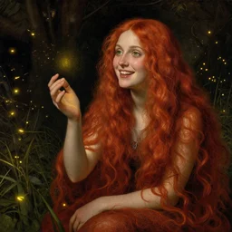 infp woman, smiling, amazed by golden fireflies lights, sitting in the midst of nature fully covered, long loose red hair, intricate linework, green eyes, small nose with freckles, oval shape face, realistic, expressive emotions, dramatic lights, hyper realistic ultrafine art by artemisia gentileschi, albert bierstadt, artgerm