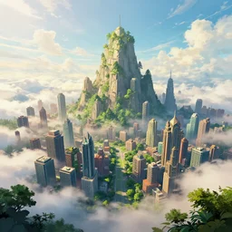 a beautiful city 🌤 above the clouds of the sky 🌿🌲🏬⛰, style artstation, style greg rutkowsk, comic art book,, octane render, unreal engine 6, epic game graphics, fantasy, ciberpunk, post - apocaliptic, ray tracing