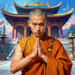 highly detailed portrait a buddhist monk fighting in front of a futuristic shrine by wadim kashin, vivid colors, high contrast