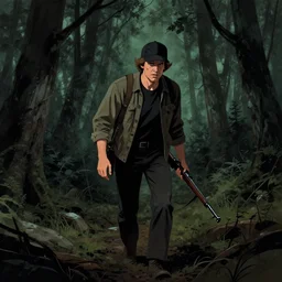 illustration, 1 9 8 0 s, a man with a baseball hat and a rifle walking through a dark forest, apprehensive atmosphere, scary tension, post apocalyptic, 1 9 8 0 s stephen king style