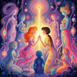 a psychedelic realm where astral beings share love : greg rutkowski : wlop : lisa frank : bob ross : ruan jia : illustration