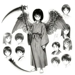concept art of a shy japanese girl with wings and short black hair, wearing round glasses and a long robe, holding a scythe, drawn by akihiko yoshida and tsutomu nihei and makoto shinkai and wadim kashin and john berkey and yoji shinkawa