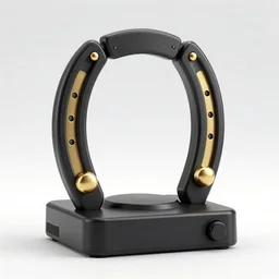 A horseshoe (video game console), golden accents on a black frame, modern design, high quality product photography