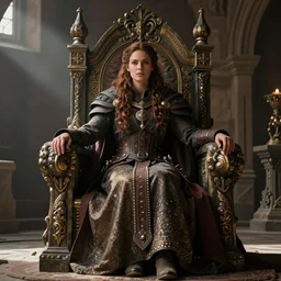 the elder scrolls vi, charismatic!!! regal!!! brunette female imperial jarl, portrait, rustic throne room, atmospheric lighting, painted, intricate, volumetric lighting, beautiful, daytime, sunny weather, slight overcast, sharp focus, deep colours, ultra detailed, by leesha hannigan, ross tran, thierry doizon, kai carpenter, ignacio fernandez rios