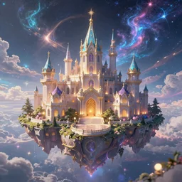 a wizard magical hotel on floating island in space, dreamy, eternity, cosmic, majestic, interstellar, iridescent sky, vibrant, digital art, airbrush, intricate, epic, depth, artstation, highly detailed, octane render, 8k