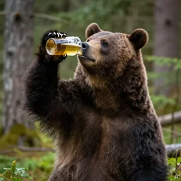 a bear who drinks beer , hyper realistic , forest , photography , 4k , real life