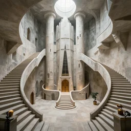 a wide angle photo of the interior of a surreal castle with stairs everywhere, m c escher, amazing award winning masterpiece