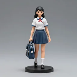 80mm resin detailed miniature of a female, school uniform, school bag, Company logo; Miniature product Photo, 4K, Full body