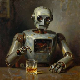 oil painting of old rugged robot with whiskey glass, art by anders zorn, wonderful masterpiece by greg rutkowski, beautiful cinematic light, american romanticism by greg manchess, jessica rossier