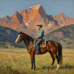 surreal painting from a cowboy without a horse in front of the rocky mountains