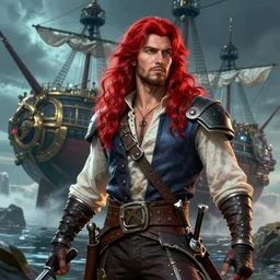 an epic fantasy comic book style portrait painting of a long haired, red headed male sky - pirate in front of an airship in the style of disney, unreal 5, daz, hyperrealistic, octane render, cosplay, rpg portrait, dynamic lighting