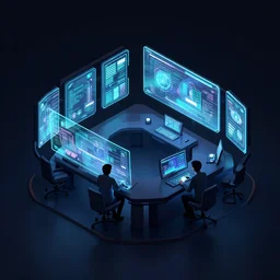 dark isometric tech lab with shiny holographic control panels