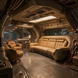 realistic cinematic sci - fi mothership design comfortable classy luxury - machinery, tubes wires path matte painting masterpiece warm tones quiet