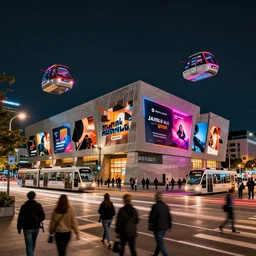 street view of the national museum in the city at night by cyril rolando and naomi okubo and dan mumford and zaha hadid. flying cars. advertisements. neon. tram.