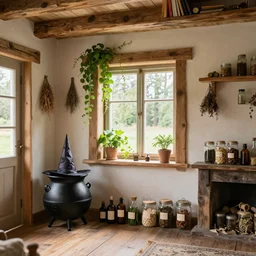 cottage living room interior with a witch cauldron and bottles of potions and ingredients in jars, sunny, natural materials, rustic wood, window sill with plants, vines on the walls, dried herbs under the ceiling bookshelves, design