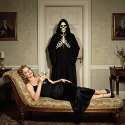 tamara lempicka. room with a door. 1940s diva laying on a chaise longue having a martini. skeleton wearing a hooded cape and black robe enters the room through the door