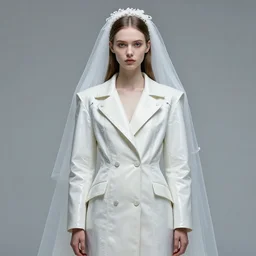 an early 0 0's aesthetic digital portrait of an european girl detailed features wearing a cyber latex wedding coat suit - synthetic materials by issey miyake by ichiro tanida and mitsuo katsui