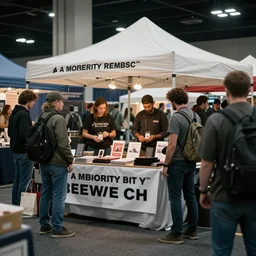 a scene of a market stall at a trade show from the film a minority report taken from a distance, cinematic, dslr, unreal engine, hyper realistic