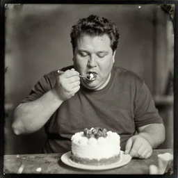 a daguerrotype photo of a fat man eating a cake, award winning photo