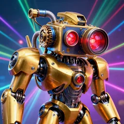 portrait photo of a giant huge golden and blue metal humanoid steampunk robot, the head is a huge camera, with gears and tubes, eyes are glowing red lightbulbs, shiny crisp finish, 3 d render, 8 k, insaneley detailed, fluorescent colors, background is multicolored lasershow