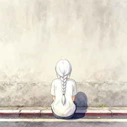 concept, girl sitting on street, back to wall, pretty, sitting alone, looking down street, long white braids, singular, isamu imakake, cutout, photoshop mid filter, anime, watercolor, intricate, balance, full far portrait, flat lighting + masterpiece,