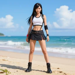 Tifa standing at a beach, fullbody, character design by charles bowater, greg rutkowski, ross tran,hyperdetailed,hyperrealistic,4k,deviantart,artstation,professional photography, concept art, digital art