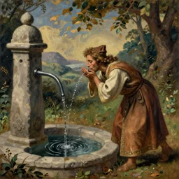 a pilgrim drinking from a well, mysticism, oil painting, masterpiece, medieval art, nature