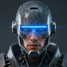 robot with glowing blue single line visor as a realistic scifi cyberpunk knight, closeup portrait art by donato giancola and greg rutkowski, realistic face, digital art, trending on artstation, symmetry!!!
