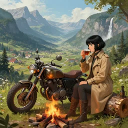 panoramic photograph on a girl from final fantasy live action, with short black hair and green eyes in a tan trenchcoat sitting on a log and drinking tea by the campfire by her motorrad, steampunk motorcycle, ray tracing, large landscape with village, beautiful, mountains, waterfalls, award winning, masterpiece digital painting by greg rutkowski, alex grey, artstation, 4 k wallpaper, jakub rozalski