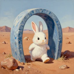 cute bunny crossing dimensionnal portal on mars, oil painting