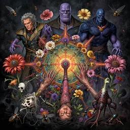 the platonic ideal of flowers, rotting, insects and praying of cletus kasady carnage thanos dementor wild hunt doctor manhattan chtulu mandelbulb mandala howl's moving castle the witcher davinci heavy rain, d & d, fantasy, ego death, decay, dmt, psilocybin, concept art by greg rutkowski and ruan jia