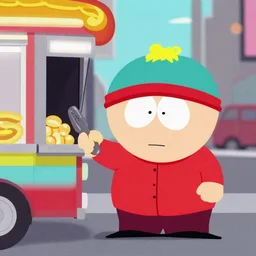 a cartoon still of south park's cartman in times square new york ordering from a hot dog cart. accurate face. bright scene. fine detail. this 4 k hd image is trending on artstation, featured on behance, well - rendered, extra crisp and features intricate detail.