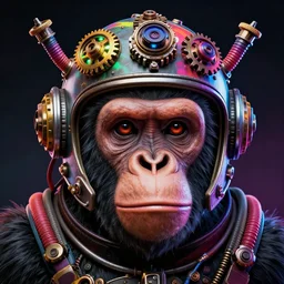 movie poster of a realistic ape head with a steampunk space helmet with trippy multicolored glowing gears and tubes and cables, crisp, trippy, fluorescent colors, insanely detailed, 3 d render, front shot, 3 5 mm