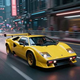 a 1 9 8 5 lamborghini countach, akira style, dramatic speed racer lighting, racing fast around a cyberpunk city corner