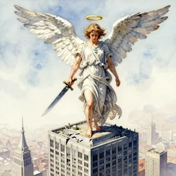 a watercolor ink painting of a fallen angel with a broken halo wielding a jagged broken blade standing on top of a skyscraper in the style of leonard boyarsky trending on artstation deviantart pinterest detailed realistic hd 8 k high resolution