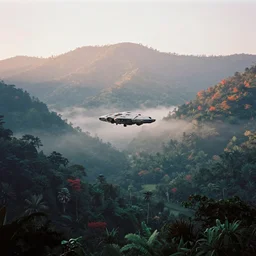 35mm film still magic morning light over mountains, mandalorian spaceship going in for landing, autum, mist in valley, tropical forest, moody, by Alex grey