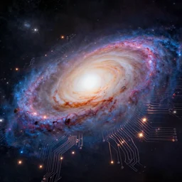 ertical, limit, galaxy, universe, emotion, uhd hyperrealistic photorealisitc hyperdetailed detailed, with sparking circuits