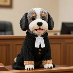 a closeup photorealistic photograph of a smiling knitted bernedoodle judge dog dressed in a black gown, sitting in chambers. indoors, professional capture, well lit shot. this 4 k hd image is trending on artstation, featured on behance, well - rendered, extra crisp, features intricate detail, epic composition and the style of unreal engine.