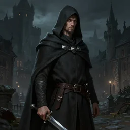 4 0 years old man, skinny, slim : : goatee : : hooded cloak : : medieval city, night, dark, grim, high detail, digital art, rpg, illustration, dagger