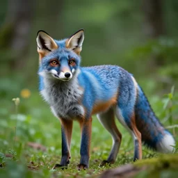A blue Fox in a lush forest, 8k, raytracing, hyper realistic, high detail,