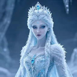 an ice queen covered in ice crystals in the style of andrei martin, highly detailed,