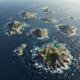 octane render with gouache finish this is a land on an unforgiving world of churning oceans and jagged coastlines. every habitable island is situated somewhere along the planet's equator where the weather is still volatile but more hospitable than any points to the north or south
