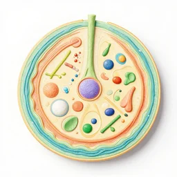 flat lay, knolling of the parts of a plant cell under an election microscope.