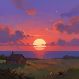 a beautiful illustration of the shire at sunset, art of alena aenami, featured on artstation, vertical orientation, paint brush strokes, expressionism, brushstroke - laden, breathtaking clouds, birds, ocean, beautiful stars, long exposure, big sun radius, airy theme, red purple gradient, lens flare