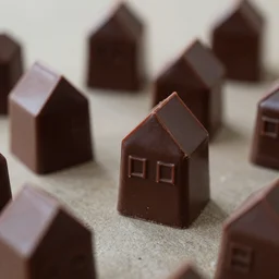dark chocolates shaped like houses, macro photo