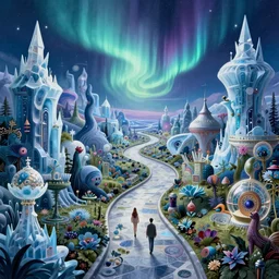 an epic elite masterpiece mysterious sci - fi matte painting of a winding path through arctic dream worlds with surreal ice structures inspired by heironymous bosch's garden of earthly delights, surreal ice landscapes by asher durand and cyril rolando and natalie shau and thomas kinkade, insanely detailed and intricate, elegant, northern lights, synthwave, ethereal aurora spirits, cinematic