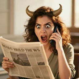 crazy womon, big eyes with horn yelling at phone stick, newspsper style golden hour