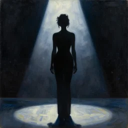 oil painting silhouette of Sinead O'Connor on stage at the Olympic Ballroom, in the style of Edward Hopper, predominant colors are Black, blue and silver
