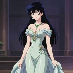 Anime sad princess in full figure wearing an exotic evening gown and jade necklace, evening, detailed painting, WLOP, Artstation