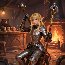 young elf warrior girl with face of kate beckinsale weared in splintmail armor,  with staff and scull on the top holding in hand, sit in fantasy tavern near fireplace, behind bar deck with bear mugs, medieval dnd, colorfull digital fantasy art, 4k